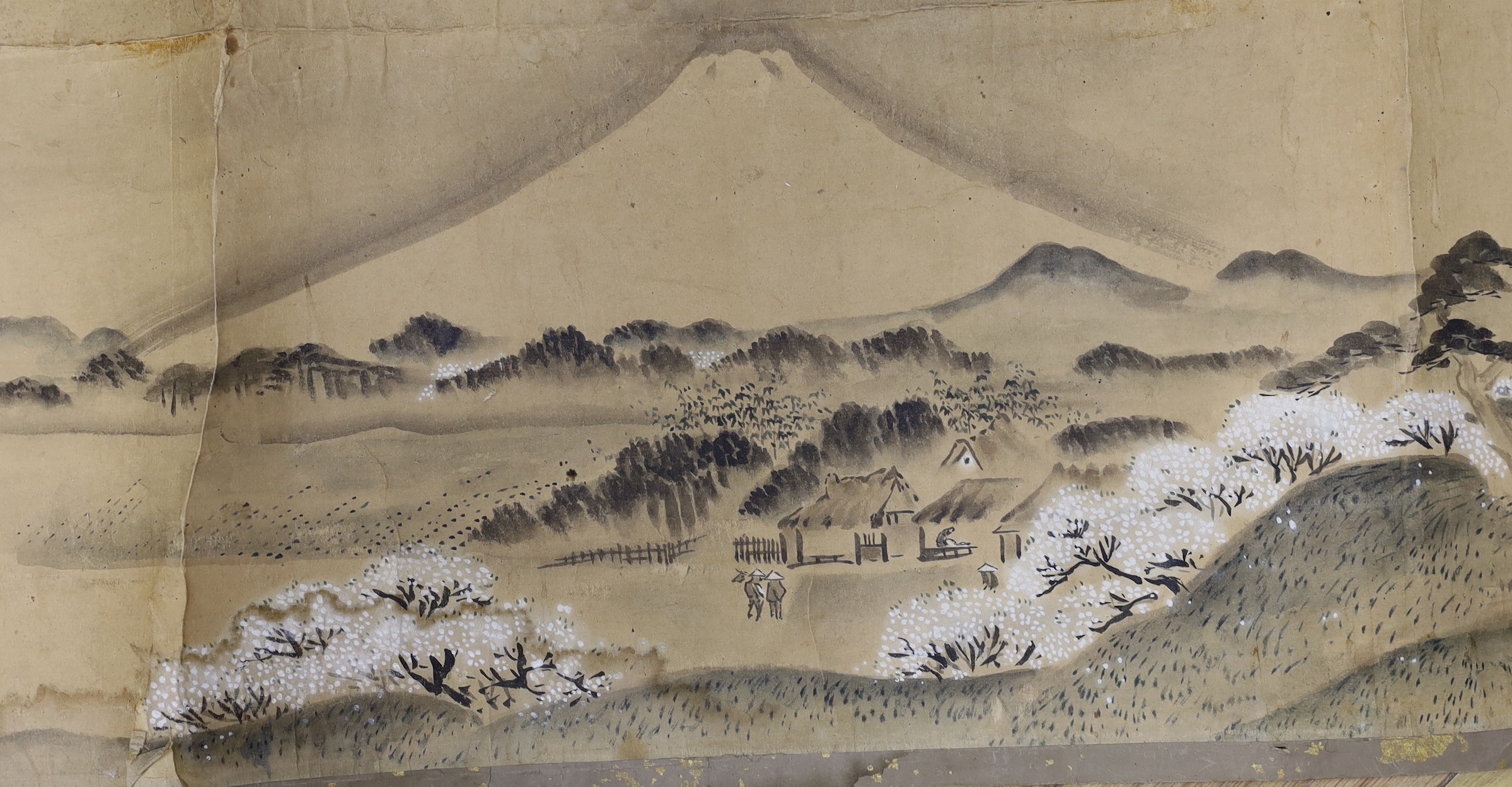 A Japanese landscape painting on paper hand scroll, Edo period, titled views, now in two parts, incomplete, image 27cm high x approximately 470cm wide